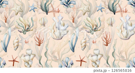 Sea plants. Seaweeds coral sponge. Watercolor hand painted summer seamless pattern on peach pink background. Cute pastel neutral underwater ocean marine life for kids baby nursery textile fabric Sea plants. Seaweeds coral sponge. Watercolor hand painted summer seamless pattern on peach pink background. Cute pastel neutral underwater ocean marine life for kids baby nursery textile fabric 126565816