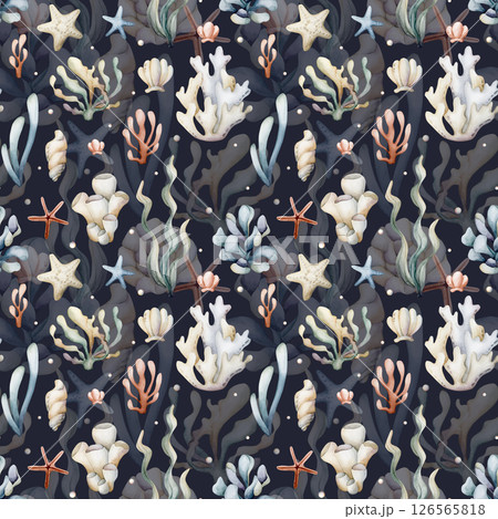 Sea plants. Seaweeds coral shells. Watercolor hand painted summer seamless pattern on dark blue background. Cute pastel neutral underwater ocean marine life for kids baby nursery textile fabric 126565818