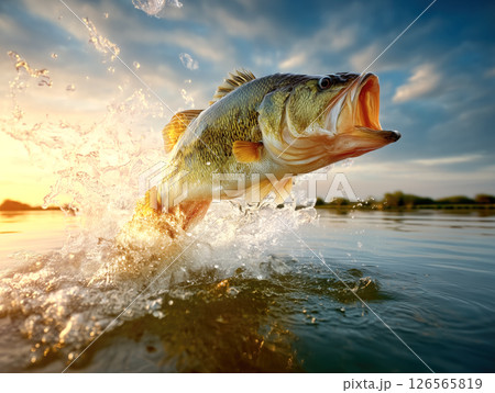 A fish leaps out of the water, creating a splash as droplets scatter in all directions. The concept of freshwater wildlife, natural habitat, and the dynamic motion of aquatic life. Generative AI. 126565819