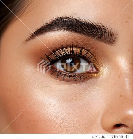 A close-up captures a female eye with rich, golden-brown eyeshadow, long lashes, and well-groomed brows, highlighting detailed makeup 126566145