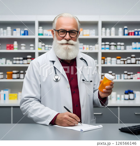 A male pharmacist, about 60 years old, with a white beard and glasses, holds a prescription bottle and takes notes in a pharmacy 126566146