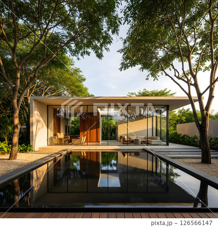 A modern minimalist house with large glass walls and a flat roof is situated among lush trees, featuring a reflecting pool in front 126566147