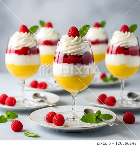 Delectable individual trifles are presented in wine glasses, layered with yellow, white, and red, topped with whipped cream and raspberries 126566148