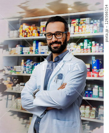 A male pharmacist, about 35 years old, with a beard and glasses, stands with arms crossed, smiling in a pharmacy with shelves of products A male pharmacist, about 35 years old, with a beard and glasses, stands with arms crossed, smiling in a pharmacy with shelves of products 126566154