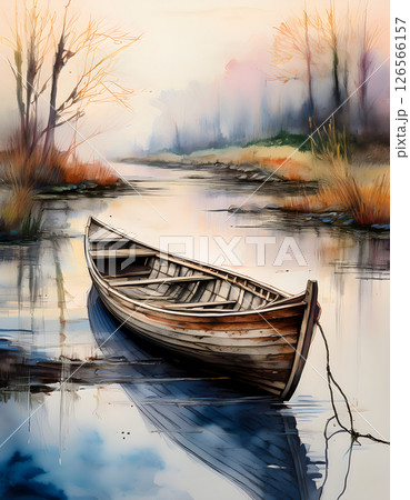 A wooden boat rests on a serene body of water, surrounded by trees with bare branches, in a peaceful, watercolor-style landscape 126566157