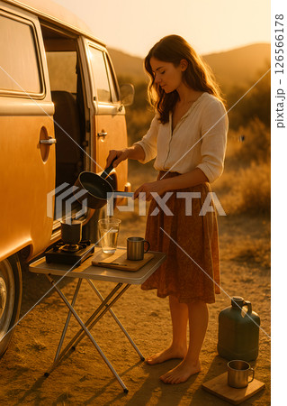 Young adult female barefoot and camping, pours water from a pot beside a vintage van at sunset, preparing a warm drink outdoors 126566178