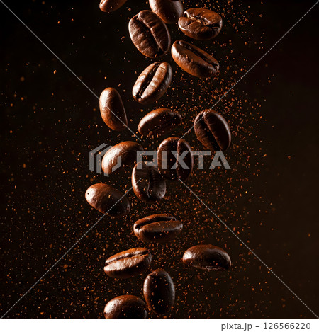 Coffee beans are falling or floating through the air with scattered coffee grounds against a dark background 126566220