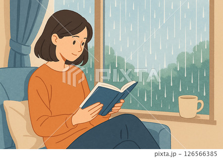 雨の窓辺で静かに読書する女性のイラスト 雨の窓辺で静かに読書する女性のイラスト 126566385
