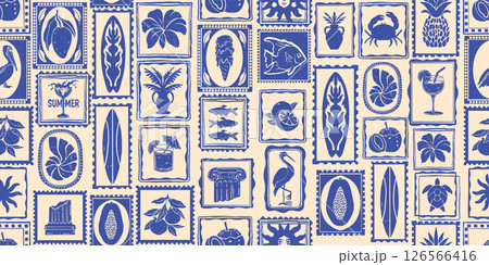 Exotic summer seamless pattern, coastal Mediterranean mosaic repeat background, travel surf print. Exotic summer seamless pattern, coastal Mediterranean mosaic repeat background, travel surf print. 126566416