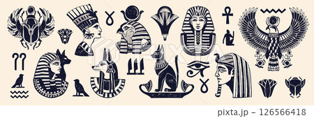 Ancient Egypt god print set, hand drawn Egyptian mythology antique archaeology pencil illustration. Ancient Egypt god print set, hand drawn Egyptian mythology antique archaeology pencil illustration. 126566418