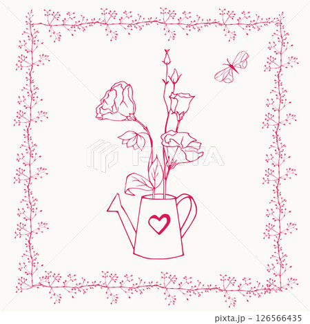 Watering can with flowers in frame of leaves 126566435