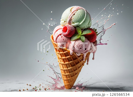 fruit berry cold ice cream in a waffle cone 126566534