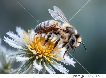 close up of a bee on a snowy flower 126566535