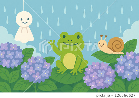 雨の日のカエルとカタツムリとてるてる坊主 126566627