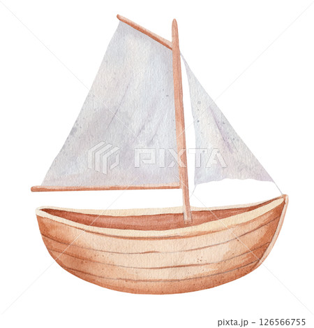 Wooden sailboat. Watercolor illustration. Hand drawn in soft, child-friendly style on white background. Perfect for nursery decor, baby products, and educational or marine-themed designs 126566755