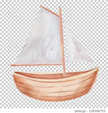 Wooden sailboat. Watercolor illustration. Hand drawn in soft, child-friendly style on white background. Perfect for nursery decor, baby products, and educational or marine-themed designs 126566755