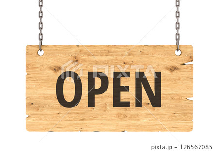 OPEN Wooden Sign Hanging on Chains, 3D Rendering 126567085
