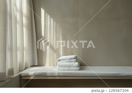Stack of white towels on a minimalist bench in soft natural light, creating a serene and clean interior atmosphere. 126567104