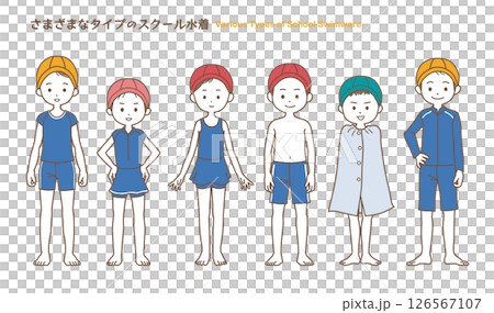 一組簡單的插圖，描繪了穿著各種學校泳衣的小學生 126567107