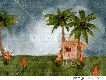 A Beautiful Tropical House is Nestled Surrounded by Lush Greenery and Dramatic Stormy Skies A Beautiful Tropical House is Nestled Surrounded by Lush Greenery and Dramatic Stormy Skies 126567253
