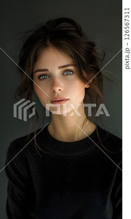 The womans black sweater complements her blue eyes 126567311