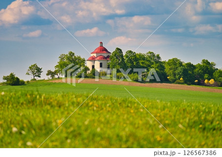 Chapel of the Holy Trinity - Beautiful small chapel on the hill at sunset. Rosice - Czech Republic. 126567386