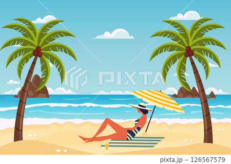 woman under umbrella on summer tropical beach with ocean view vector illustration. 126567579