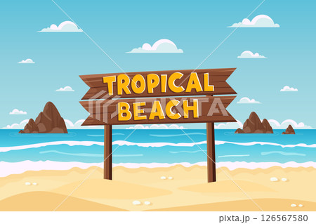 summer beach landscape with tropical wooden sign flat vector illustration. summer beach landscape with tropical wooden sign flat vector illustration. 126567580
