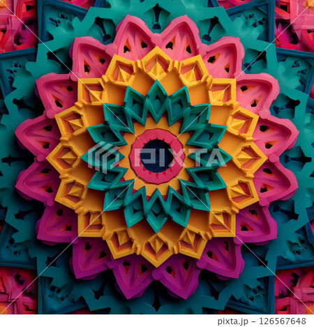 Colorful abstract mandala pattern with intricate 3D layered geometric elements in vibrant hues 126567648