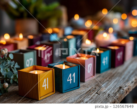Colorful Ramadan countdown calendar boxes with lit candles arranged on wooden surface for celebration 126567649