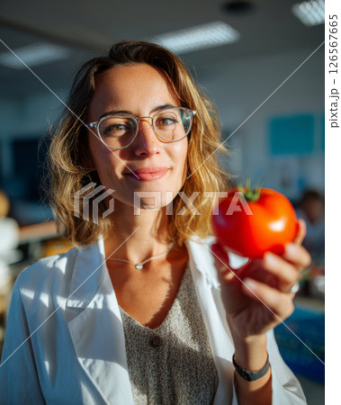 Smiling teacher holding ripe tomato in bright classroom during educational activity 126567665