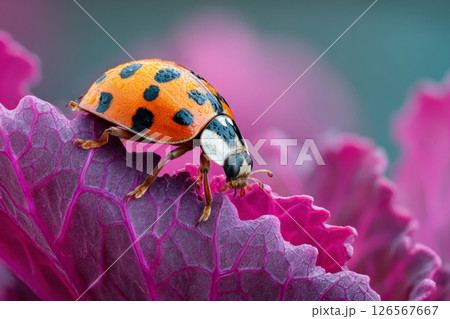 Ladybug exploring colorful purple cabbage leaf in detailed macro garden scene 126567667