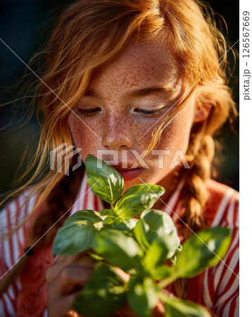 Freckled girl gently smelling fresh green basil leaves in sunlight 126567669