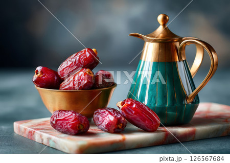 Close-up view of traditional Arabic coffee pot with fresh red dates on marble background 126567684