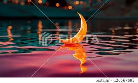 Golden crescent moon floating on colorful twilight water with reflections 126567695