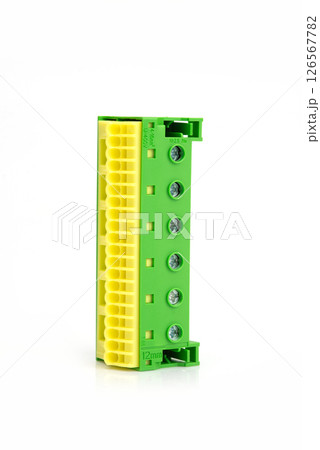 Electrical terminal block with plastic housing, isolated on white background, used in electrical systems Electrical terminal block with plastic housing, isolated on white background, used in electrical systems 126567782