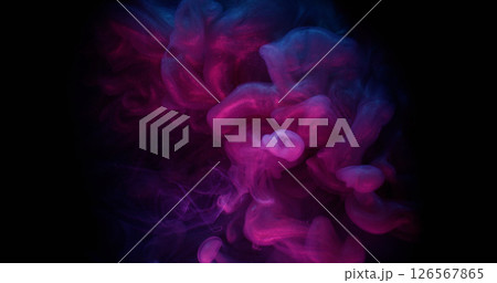 Smoke explosion. Paint flow. Shiny purple fluid fog wave spray on black background. Color abstract pigment mix blow blur violet shimmer. 126567865