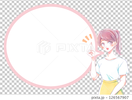 Woman with ponytail pointing with index finger, smiling, speech bubble Woman with ponytail pointing with index finger, smiling, speech bubble 126567907