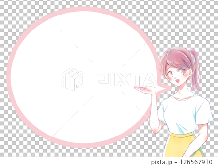 A woman with a ponytail giving directions, smiling, speech bubble 126567910