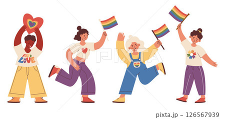 LGBTQ community. Diverse Happy People Gay and lesbians with Rainbow Flags and Heart set. Pride Month. Fun holiday. Isolate Vector Illustration for Design, social media, unity and equal love 126567939