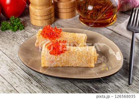 Gourmet Panccakes with red caviar 126568035