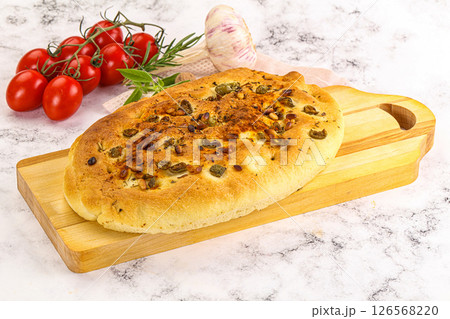 Homemade ciabatta bread with olives 126568220