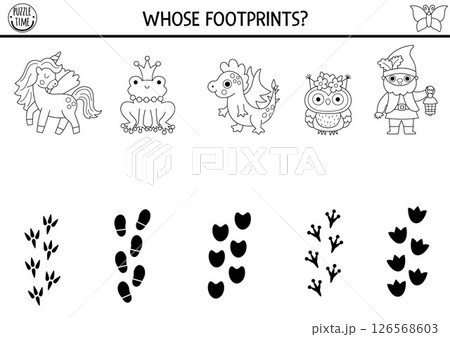 Woodland fairy black and white matching activity with magical creatures and their footprints. Fantasy forest puzzle with unicorn, dragon, frog prince, owl, dwarf. Fairytale coloring page, game Woodland fairy black and white matching activity with magical creatures and their footprints. Fantasy forest puzzle with unicorn, dragon, frog prince, owl, dwarf. Fairytale coloring page, game 126568603