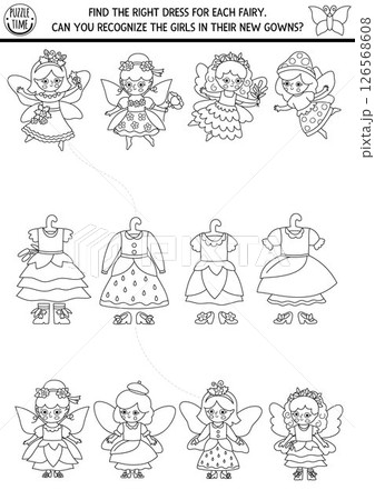 Woodland fairy black and white matching activity with girls looking for new gowns. Magic forest puzzle with flower, acorn, berry princess and their dresses. Fairytale fantasy coloring page, game 126568608