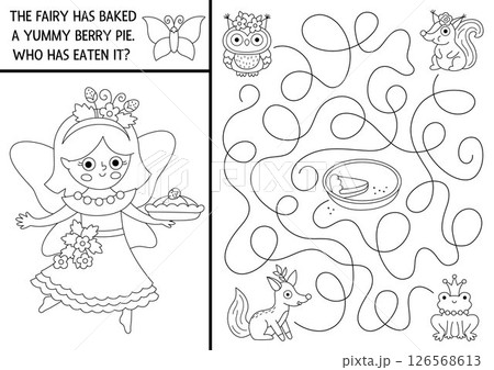Black and white maze for kids with fairy, berry pie, owl, squirrel, fox, frog. Fairytale princess printable activity, coloring page. Magic forest, woodland labyrinth game, puzzle. Who has eaten the Black and white maze for kids with fairy, berry pie, owl, squirrel, fox, frog. Fairytale princess printable activity, coloring page. Magic forest, woodland labyrinth game, puzzle. Who has eaten the 126568613