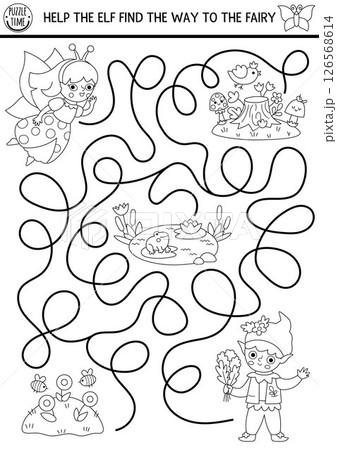 Black and white maze for kids with elf searching the way to fairy bug. Fairytale princess printable activity, coloring page. Magic forest, woodland labyrinth game, line puzzle 126568614
