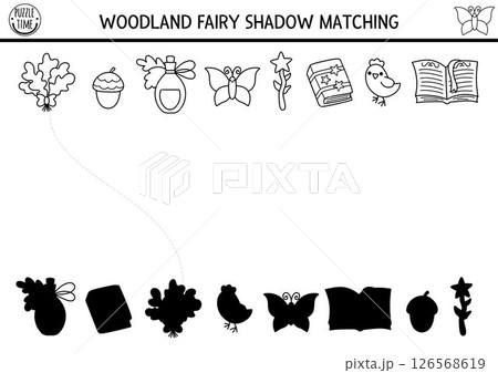 Woodland fairy black and white shadow matching activity with fantasy objects. Magic forest puzzle with wand, spell book. Find correct silhouette printable worksheet, game. Fairytale coloring page 126568619
