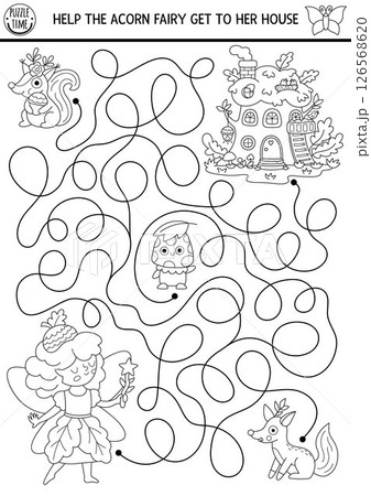 Black and white maze for kids with acorn fairy going to her house. Fairytale princess printable activity, coloring page. Magic forest, woodland labyrinth game, puzzle with squirrel, fox, mushroom Black and white maze for kids with acorn fairy going to her house. Fairytale princess printable activity, coloring page. Magic forest, woodland labyrinth game, puzzle with squirrel, fox, mushroom 126568620