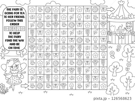 Woodland fairy black and white maze, seek and find game. Attention or follow order puzzle with girls drinking tea. Magic forest printable activity for kids. Fairytale logic puzzle, coloring page 126568623