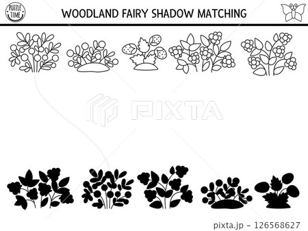 Woodland fairy black and white shadow matching activity with berries. Magic forest puzzle with strawberry. Find correct silhouette printable worksheet, game. Fairytale coloring page 126568627